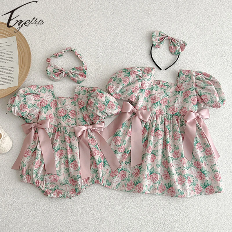 Korean Style Baby Girls Floral Romper+Hair 2pcs Band Kids Girls Short Sleeves Dress Child Baby Girls Summer Sister Clothing