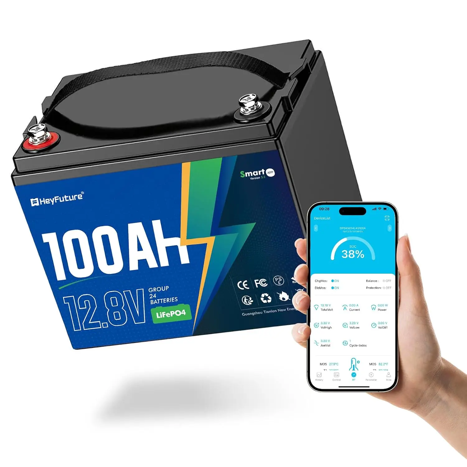 12V100Ah Bluetooth LiFePO4 Battery, Deep Cycle Lithium Battery,15000 Charging Cycles, Lightweight Compact, Perfect For, Custom