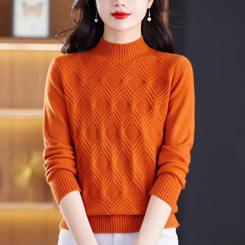 All-match Screw Thread Autumn Winter Half High Collar Solid Color Pullover Long Sleeve Sweater Knitted Women's Clothing Tops