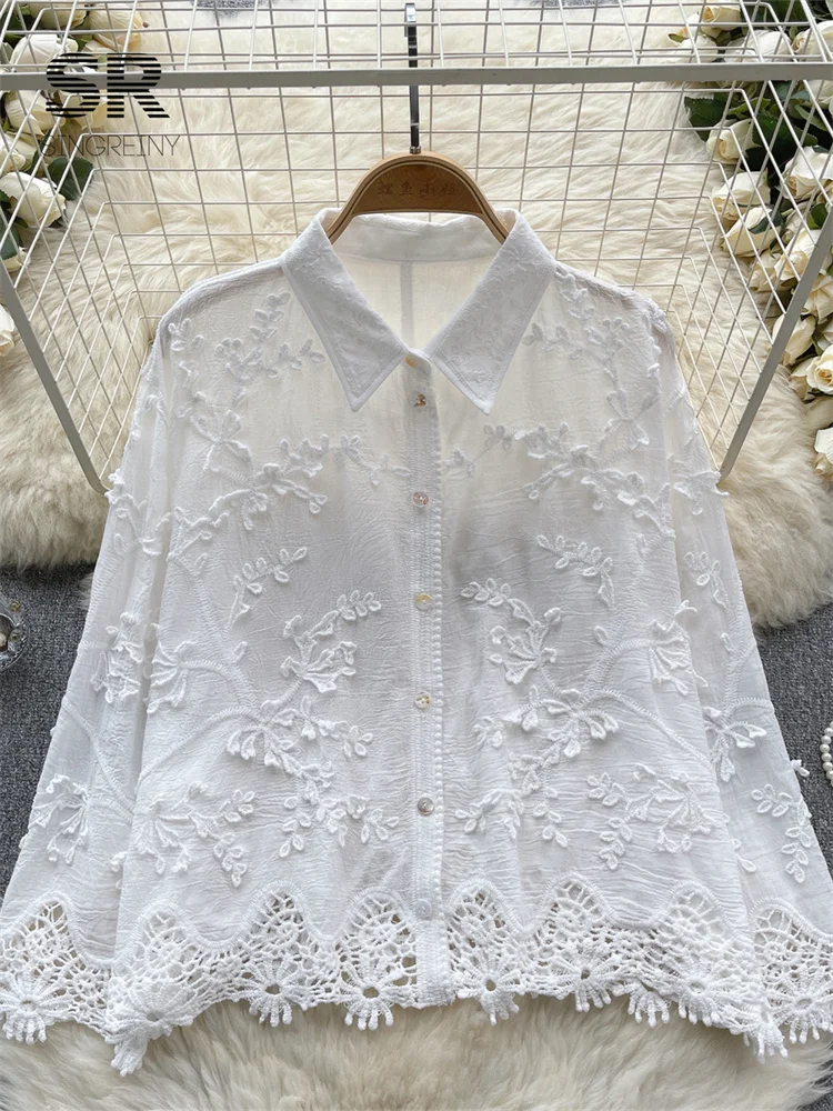 BabYoung Embroidery Loose Shirt Women Elegant Retro Solid Lapel Long Sleeve High Quality Ladies Summer Fashion Court Blouse