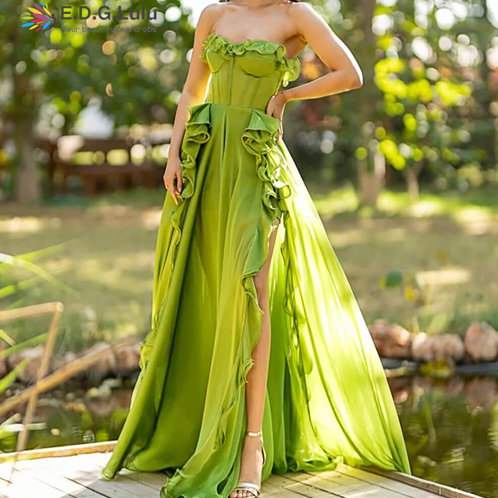 

EDGLuLu Strapless Ruffled Green Birthday Dresses Luxury 2024 Sleeveless Backless High Slit Party Long Dresses For Women 0626