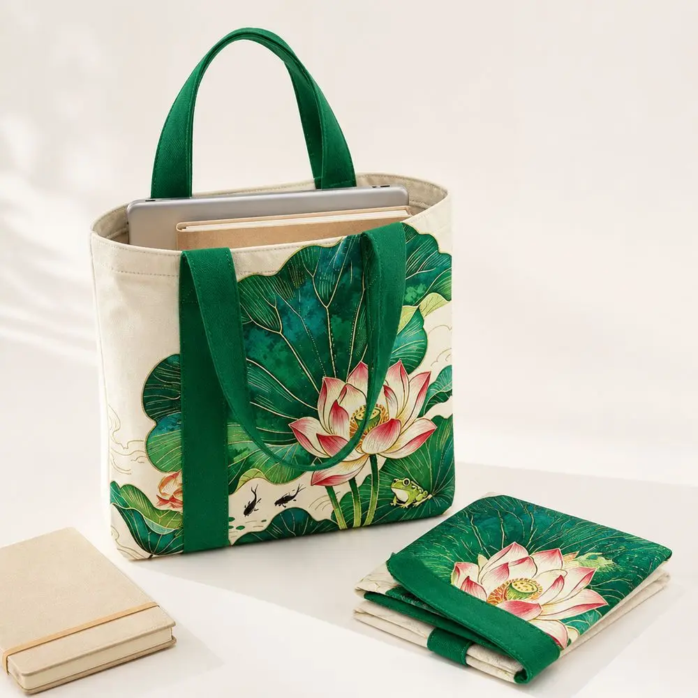 Durable Floral Canvas Bag Reusable Lightweight Tote Bag Large Capacity Versatile Lunch Bag Women's Accessories