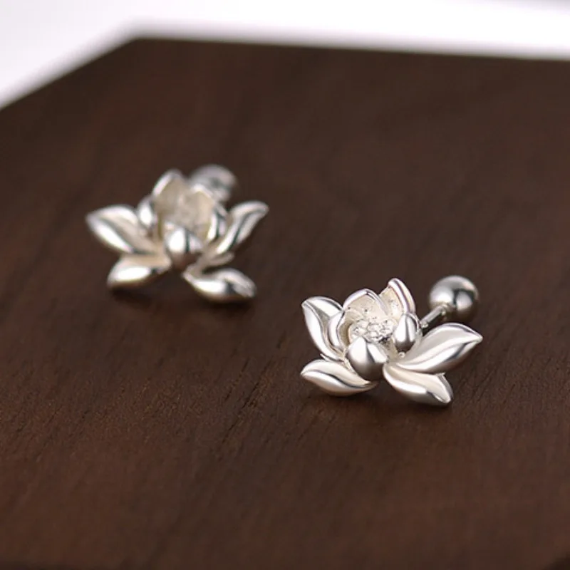925 Sterling Silver Lotu Flower Stud Earrings for Women Vintage Plant Mini Korean Fashion Earring Piercing Jewelry - view 5
