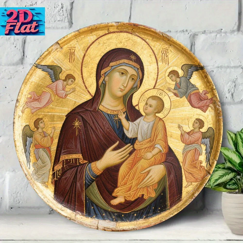 2D Vintage Metal Sign, Byzantine Religious Wall Art, Virgin Mary Jesus Angels, Gold Background Icon, Durable Sacred Art for Home