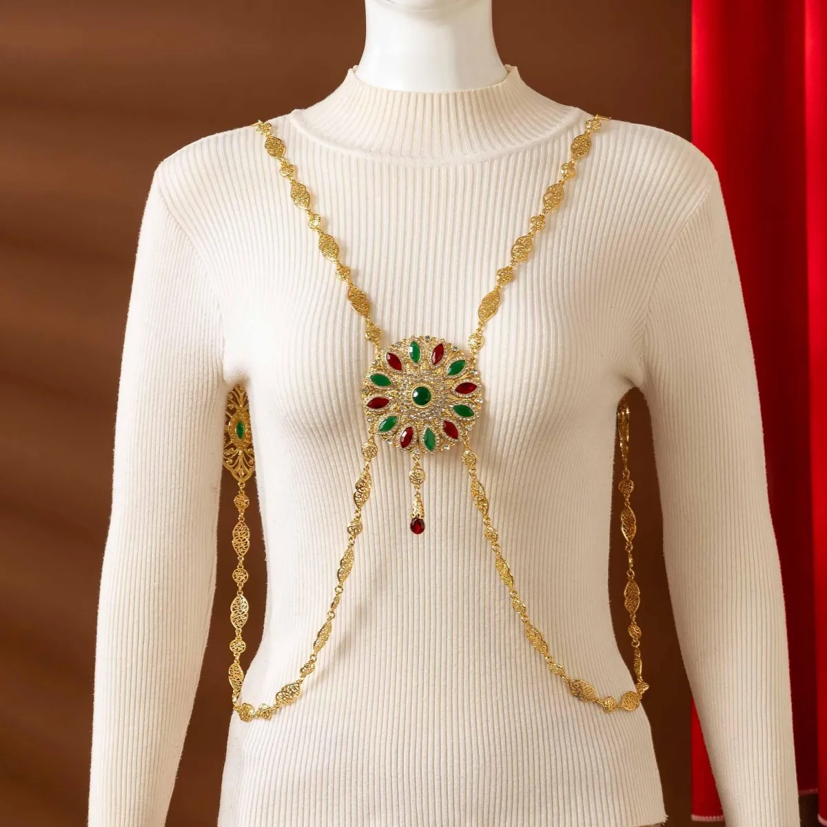

Moroccan Bridal Body Chain In The Shape Of A Cutout Flower Is Handcrafted To Create A Shiny Luxury Wedding Shoulder Chain