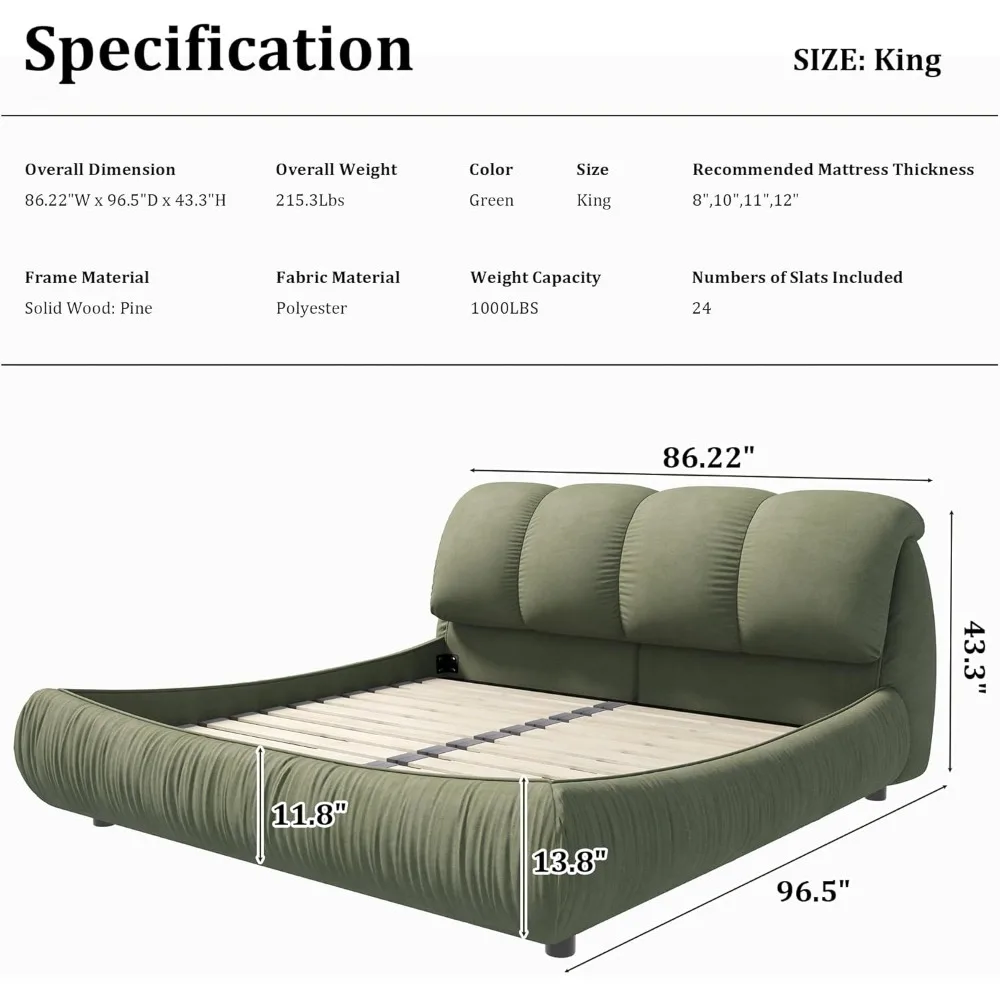 Bed with Oversized Padded Backrest, Soft Frame Cloud Bed,Thickening Pinewooden Slats and Metal Leg