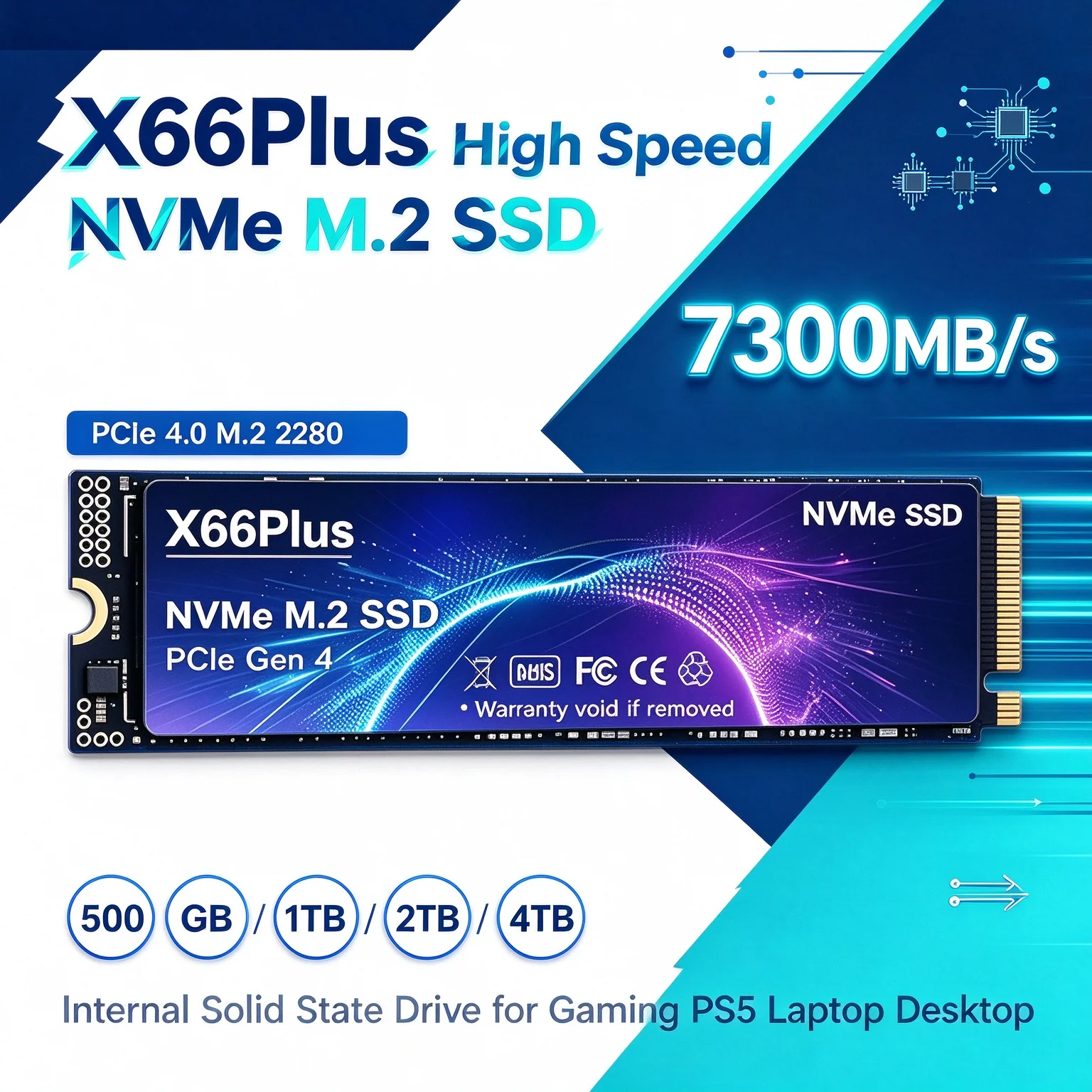 4TB 7300MB/s X66Plus NVMe SSD PCIe Gen 4 M.2 2280 Built Tough to Last Internal Drive PS5 Desktop Laptop Stable Fast Storage