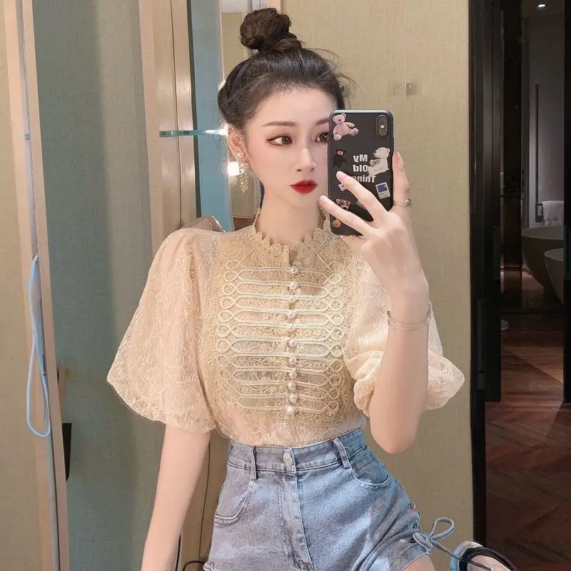 2024 New Temperament Women\'s Clothing Slim Solid Color Ladies Short Sleeve Tops Summer Fashion Bright Line Decoration Blouses