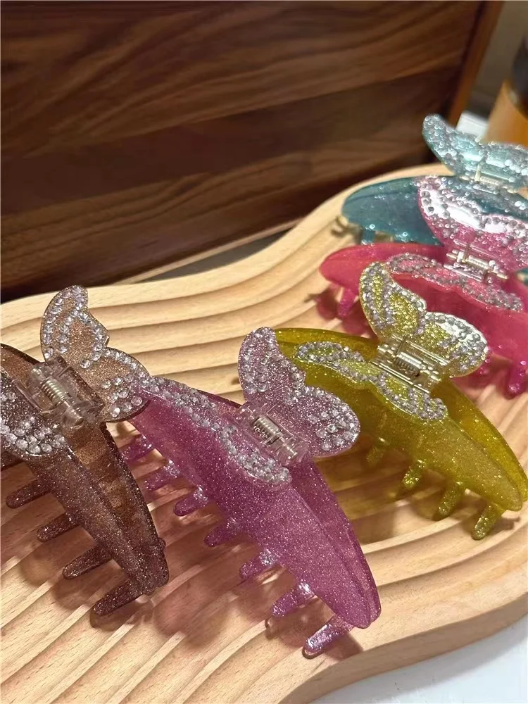 Shiny Pink Brown Rhinestone Butterfly Big Hair Claws Acrylic Hair Clip for Women Girl Sweet Trendy Hairpin 2023 Hair Accessories