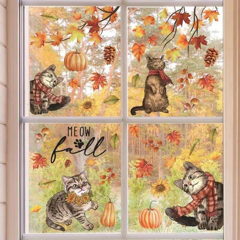 Autumn Window Stickers Pumpkin Cat Fall Clings Reusable Pumpkin Maple Leaves Sticker Decals For Shop Window Bedroom