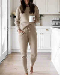 Women's Fall Rib Knit 2 Piece Sets Tops Trousers Outfit Long Sleeve Pullover Sweater Top and Drawstring Long Pants With Pockets