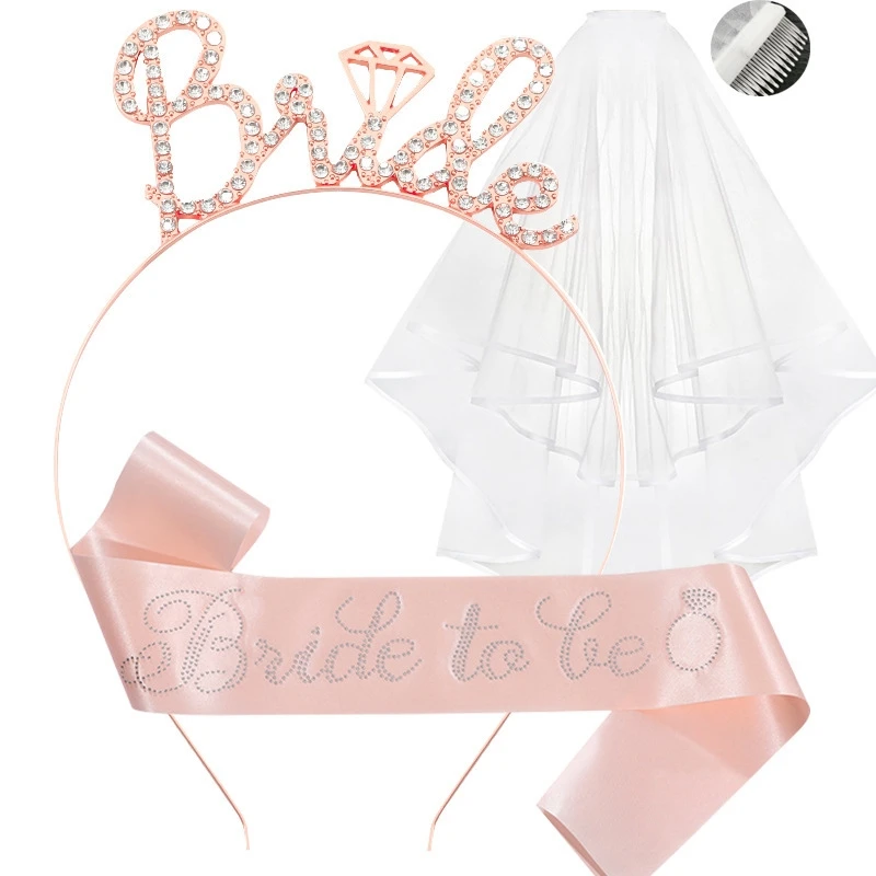 3 قطعة حفل زفاف خطوبة الزفاف دش زينة لوازم العروس لتكون تيارا تاج وشاح الحجاب مجموعة العازبة حفلة Favors #6