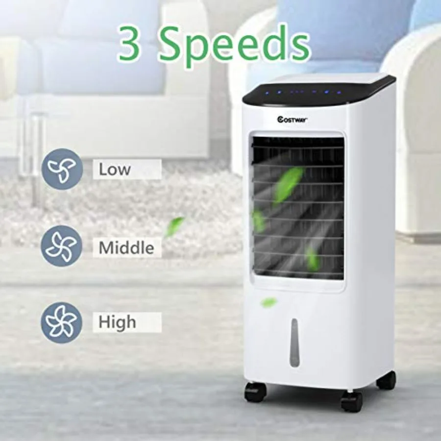 Evaporative Cooler for Home Office, Plastic Body, White, Portable with LED Display, Remote Control, 7.5-Hour Timer, Cooling Hum