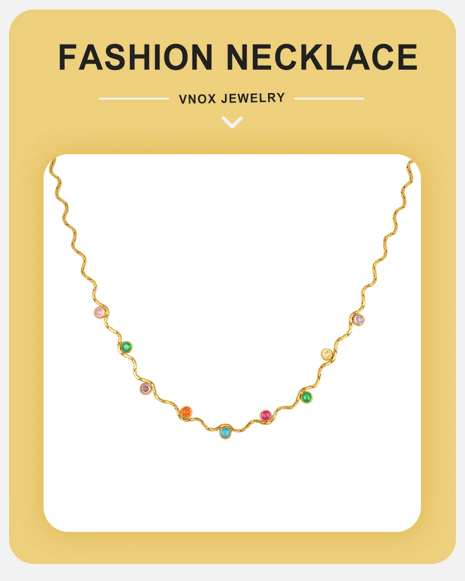 Vnox Trendige Vergoldete Bunte Zirkonia-Wellenkette für Damen, Exquisite Edelstahl-Schlüsselbeinkette, Bohemian-Schmuck – Detail 1