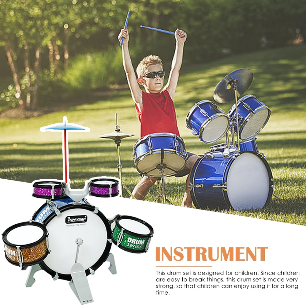 Kids Drum Set Toddler Jazz 7 Drums With Small Stool Drum Stick Set Music Instrument Educational Toy Beginners Montessori Gift