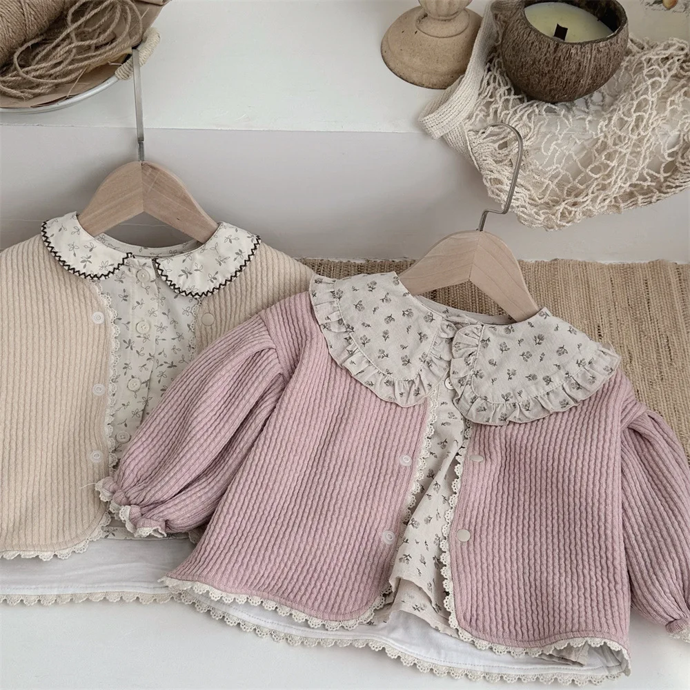 2024 autunno nuova neonata manica lunga cappotto di cotone neonato Cardigan di pizzo solido bambini ragazze giacca monopetto vestiti del bambino