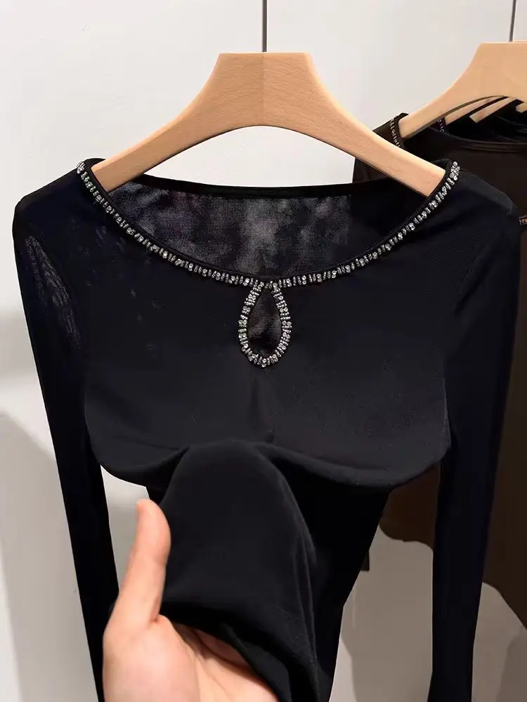 

New 2025 Autumn Round Neck Hollow Beaded Tops Solid Color Long Sleeve Mesh Black Shirt Fashion Women T Shirt