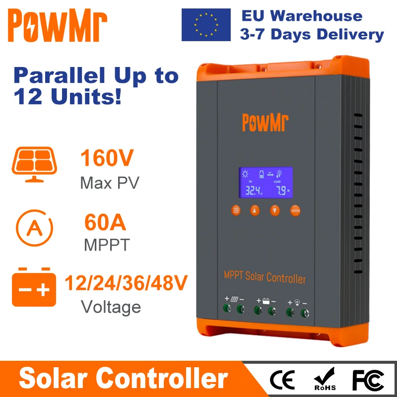 estoque brasil powmr controlador de carga solar regulador de paineis solares paralelo acima 12 unidades para bateria de litio chumbo acido 60a 12v 24v 36v 48v 01