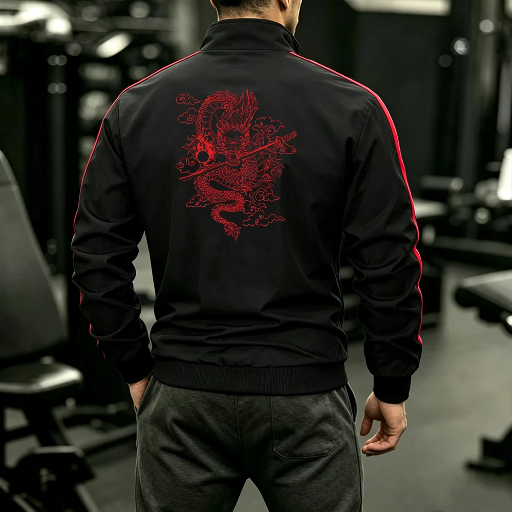 Men's Stand Collar Track Jacket Red Side Striped Full Zip Coat Flying Dragon Line Print Casual Workout Running Outerwear Tops