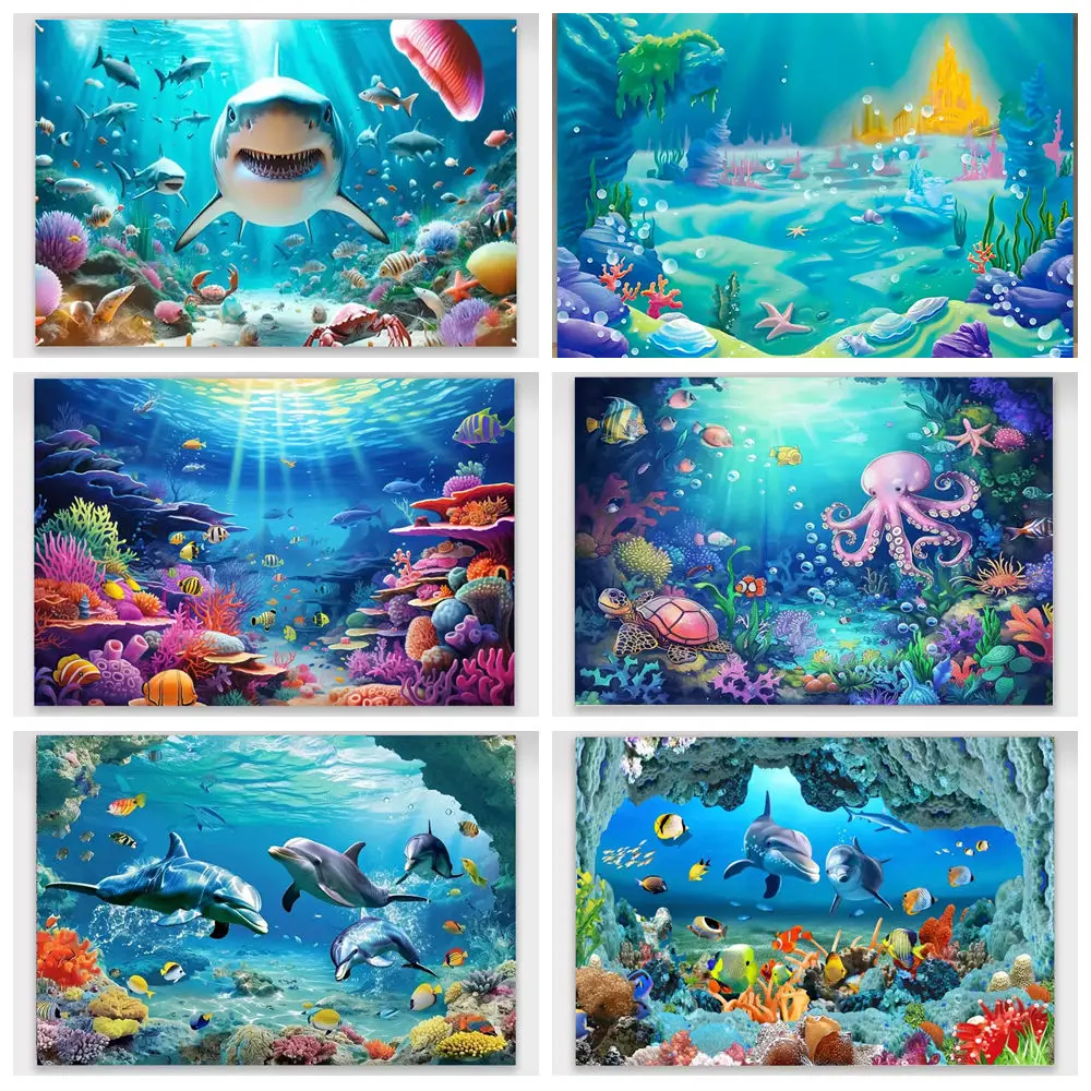 

Underwater World Blue Sea Tropical Fish Turtle Coral Aquarium Decor Backdrop Summer Photography Background Photo Studio