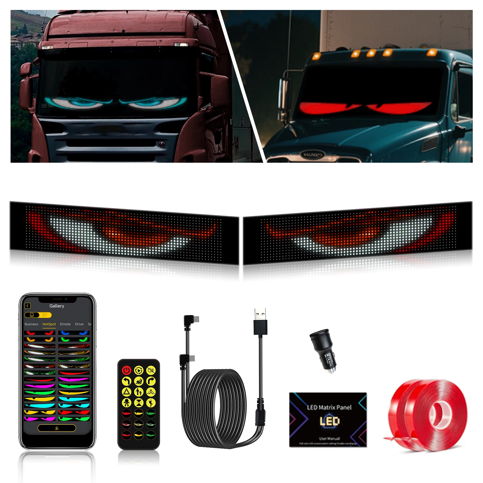 2 PCS Devil‘s Eye LED Animation Screen Light Car Windshield Screen USB Plug-in DIY App Control Flexible Scrolling Text Display