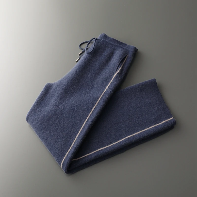 

Жаккардовые утолщенные брюки из 100% чистого кашемира, мужские трикотажные прямые брюки с высокой талией, широкие брюки с цветными блоками и шнурком