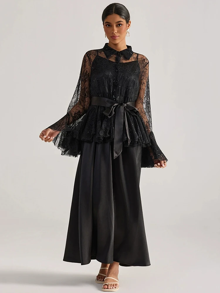 Designer sexy hollow lace loose multi-layered lapel shirt two-piece set 2026 spring women's wear + suspender dress fashion suit