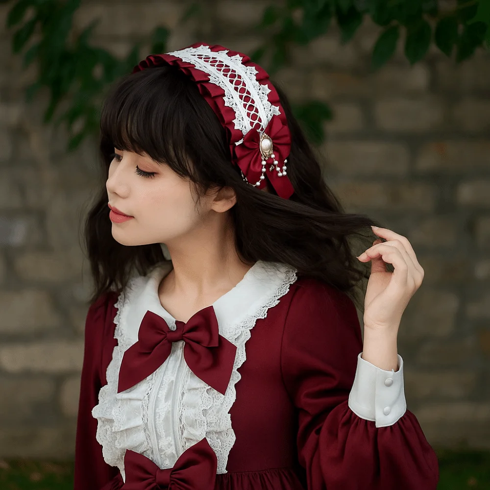 

Cute Sweet Lolita Lace Headband Pearl Ribbon Bow Maid Cosplay Headdress JK Kawaii Ruffled Hairband Comic Convention