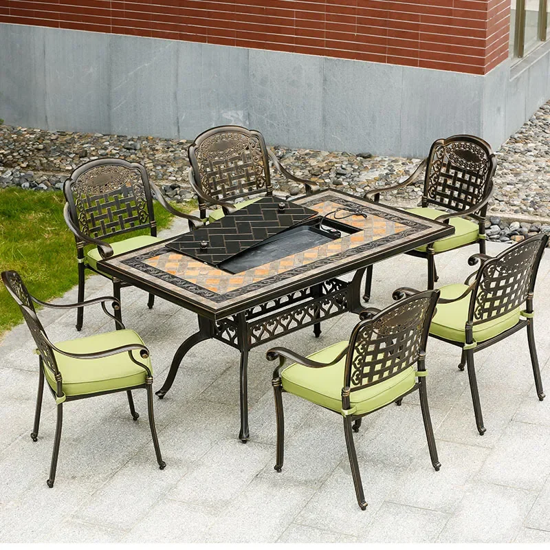 for European Cast Aluminum Outdoor Table and Chairs 7 Piece Set Balcony Courtyard Garden Terrace Wrought Iron Furniture