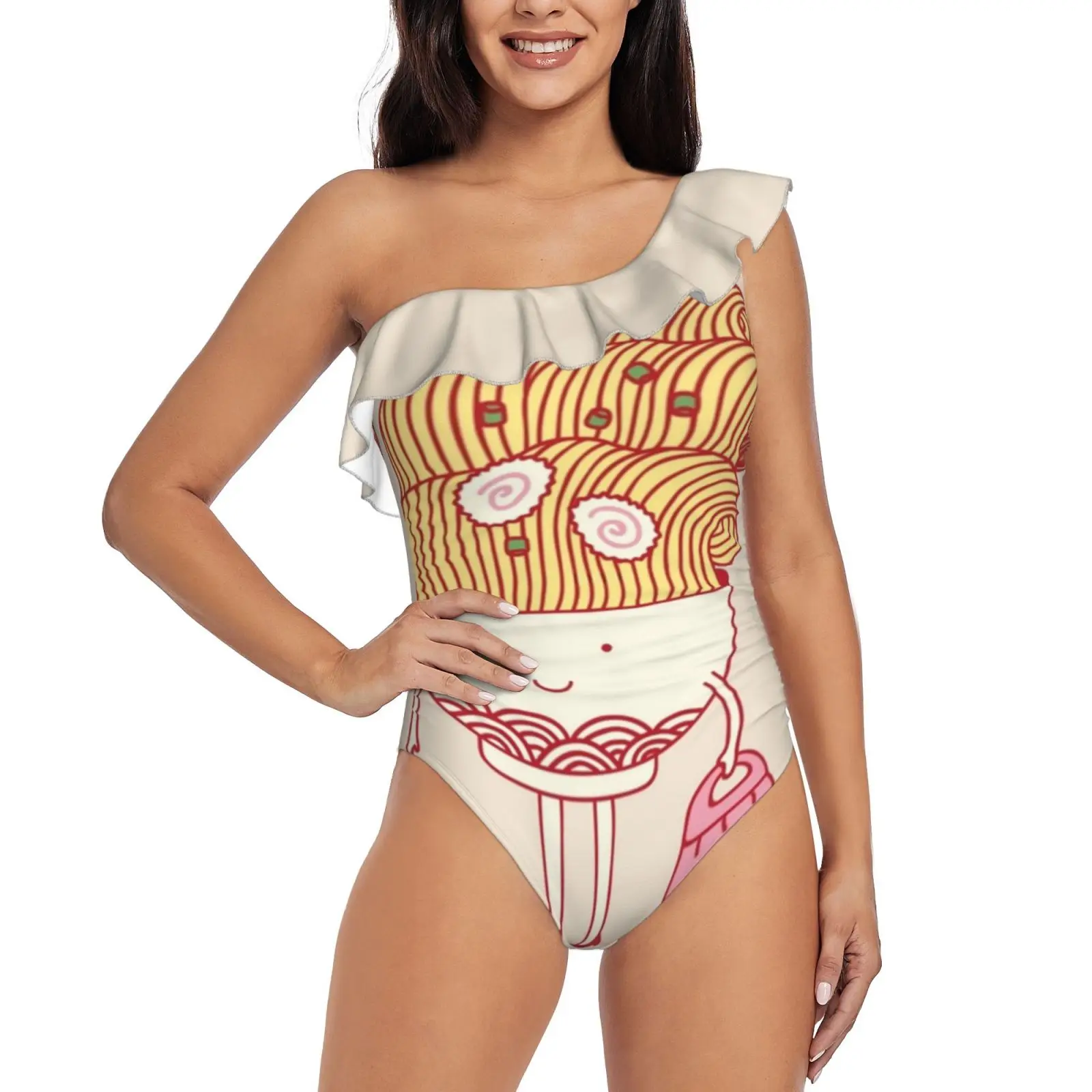 

Ra ( Wo ) Men One Shoulder Ruffle Swimsuits Sexy One Piece Swimsuit Women Swimwear Monokini Ramen Noodle Eat Happy Funny Cute