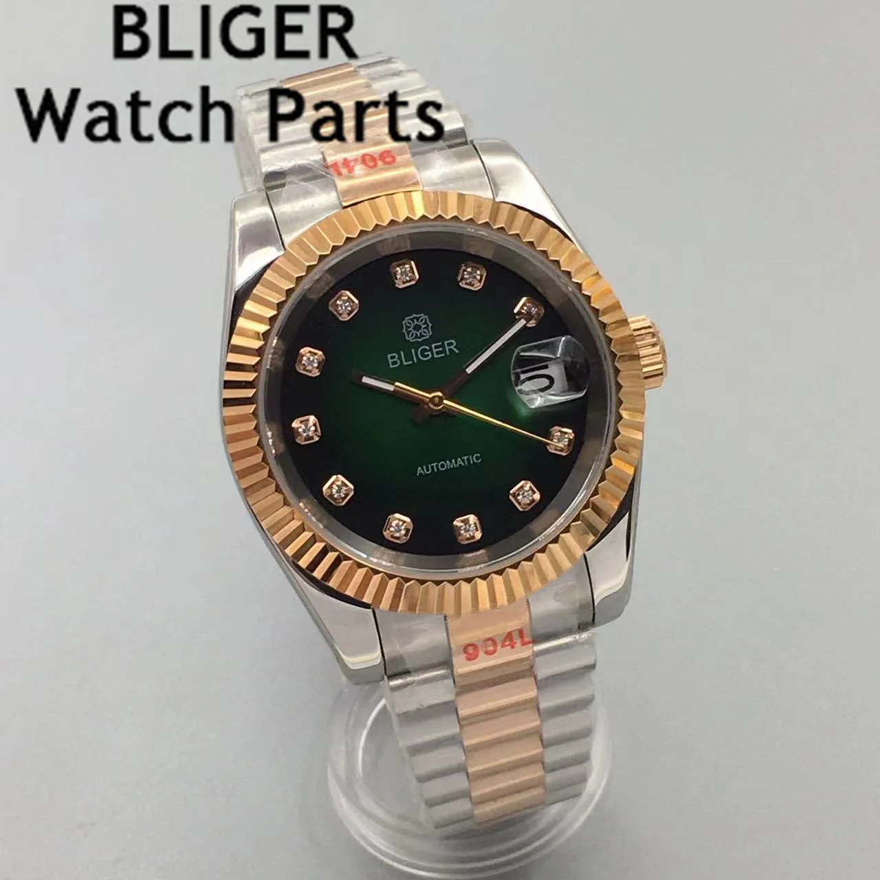 BLIGER 36mm 39mm NH35A Green Black White Dial Diamond Automatic Mens Watch Sapphire Glass Rose Gold Fluted Bezel Steel Bracelet