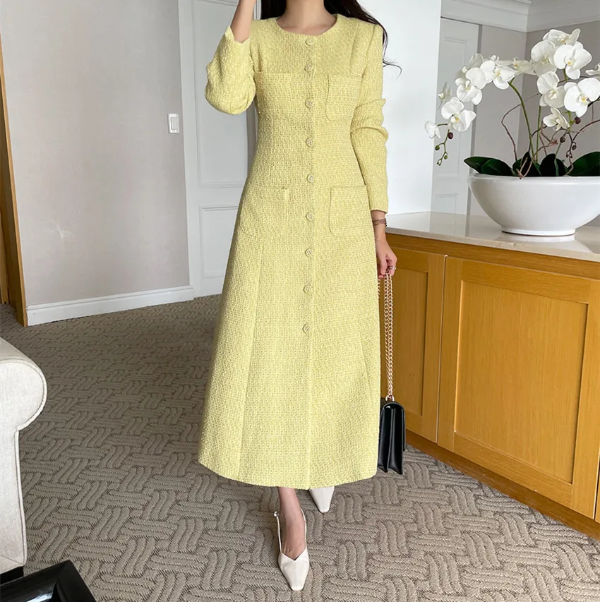 Elegant Chic Autumn Winter Yellow Tweed Long Dress High Quality Women Round Collar Fours Pockets Woolen Slim Office Maxi Vestido