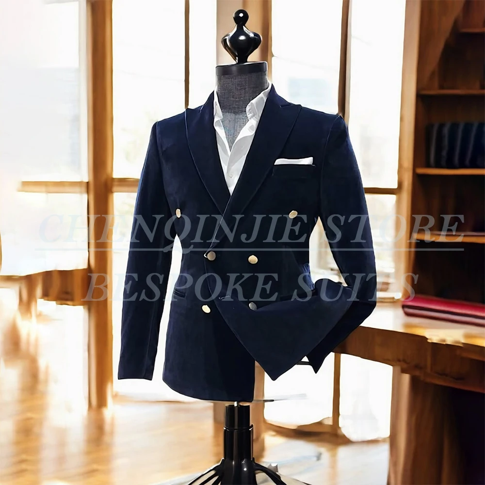 

Темно-синие бархатные мужские костюмы на заказ, комплект из 2-х предметов, куртка, брюки, облегающие простые полные комплекты, модная повседневная мужская одежда