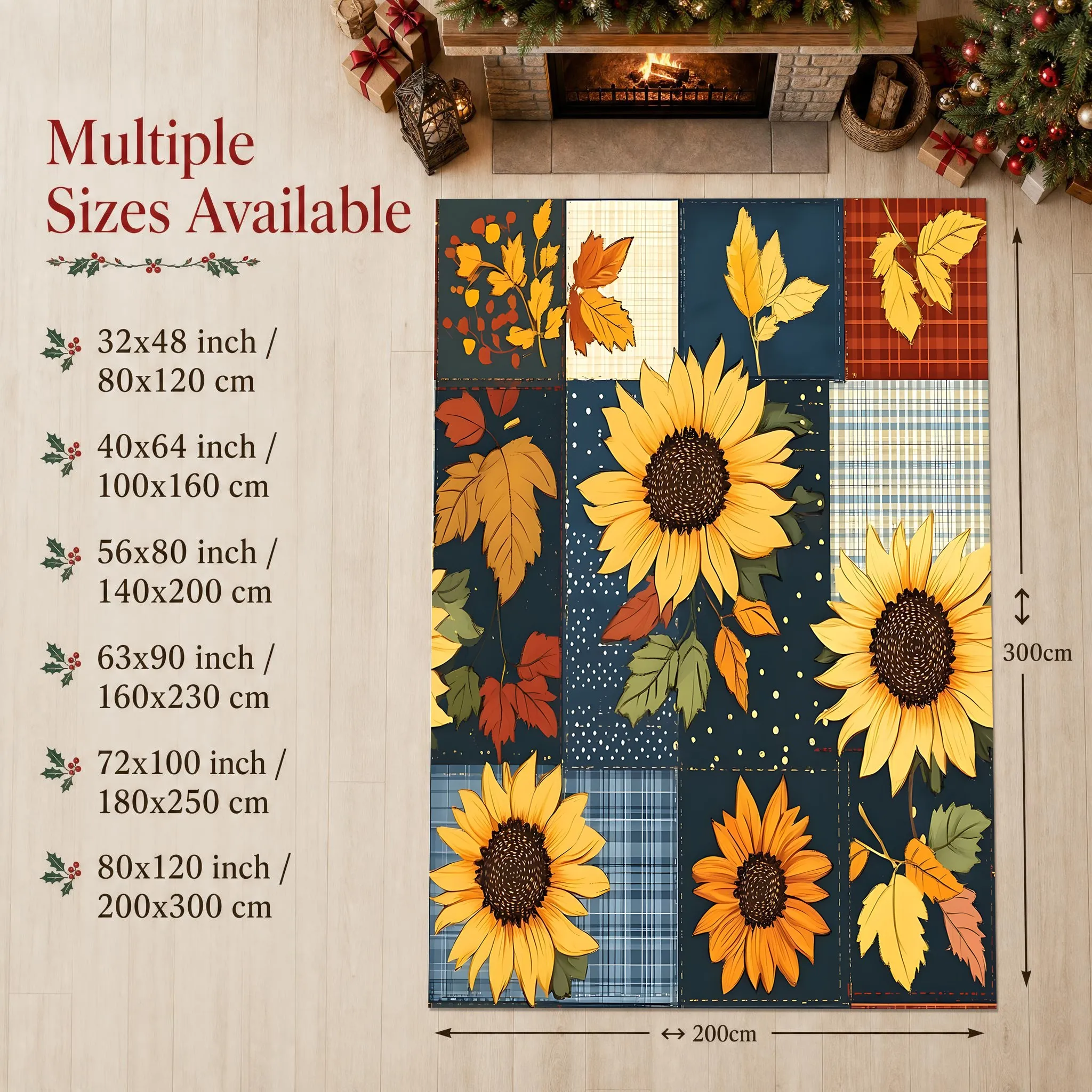 Sunflower and Maple Leaf Checkered Patchwork Retro Pastoral Thanksgiving Velvet Rug for Living Room, Bedroom, and Entryway