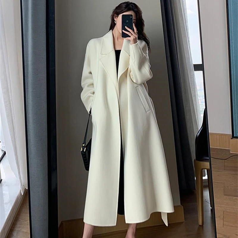 

Elegant Midi Wool Blends Coat Women Korean Thicken Long Bandage Jackets Oversized Lace Up Outwear White Cardigan Woolent XQ23