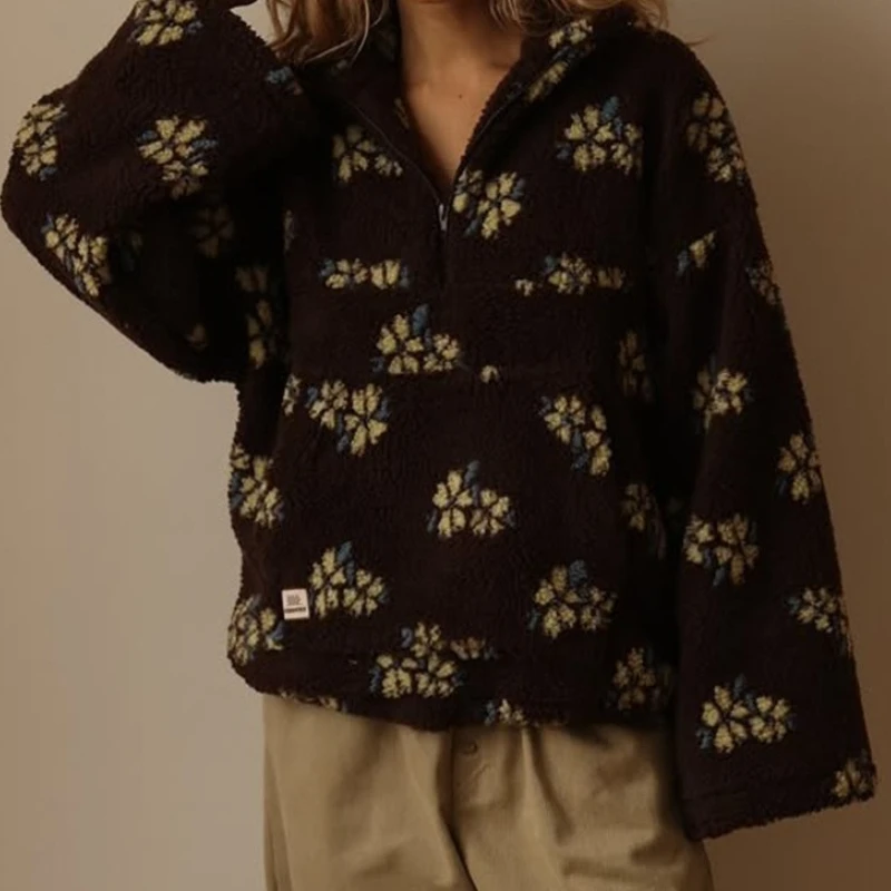 

New Autumn Winter 2025 Women's Floral Pullover Hoodies Half Zip Style Loose Fit Warm Stylish Sweatshirt Casual Fashion Top