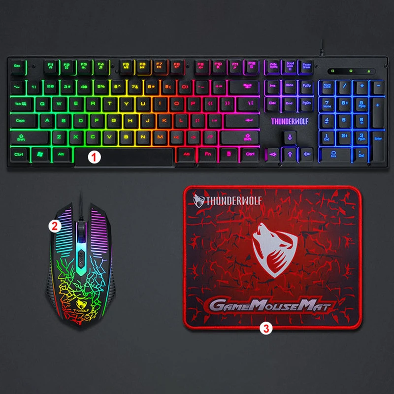 Thunder Wolf TF31 Mouse tastiera Mouse Pad 3 pezzi Set gioco meccanico Touch Light up Key Mouse Set essenziale per principianti