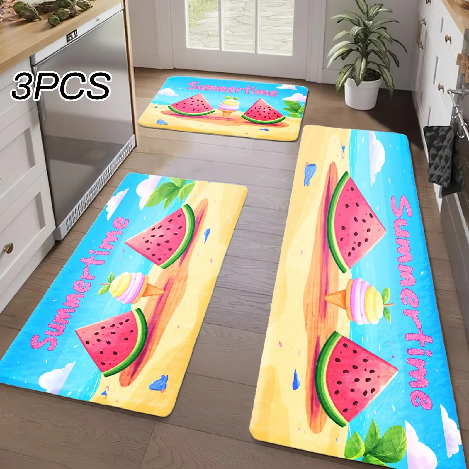 3PCS Kitchen Rugs,Home Decoration for Front Door, Kitchen, Bathroom, Watermelon Slice Summer Beach Pattern Print Dining Mat