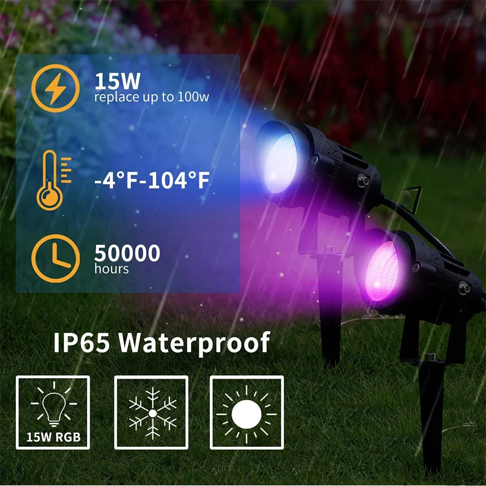 Smart Bluetooth 15W RGBW Landscape Lights Waterproof Garden Lights APP Control 16 Million Colors Outdoor Yard Lawn Spotlights