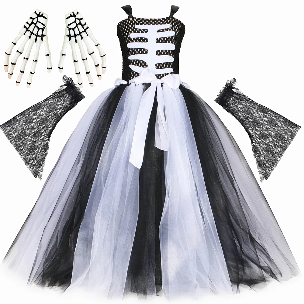 Halloween Skeleton Costume for Kids Girls Day of The Dead Carnival Dress Black White Scary Monster Devil Ghost Reaper Tutu Dress