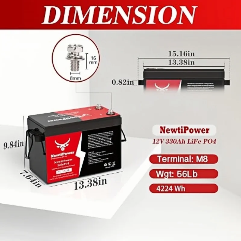 12V 330Ah LiFePO4 Battery Small Size, 4224Wh Lithium Battery with 200A BMS, Up to 10000+ Rechargeable Cycles, Perfect for RV Camping, Trolling Motor, Solar Power Storage