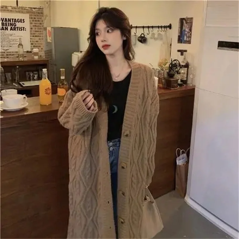 Korean  Medium Length Sweater Coat  Women  Spring  Autumn New Versatile Loose Outwear Western style popular knitted cardigan