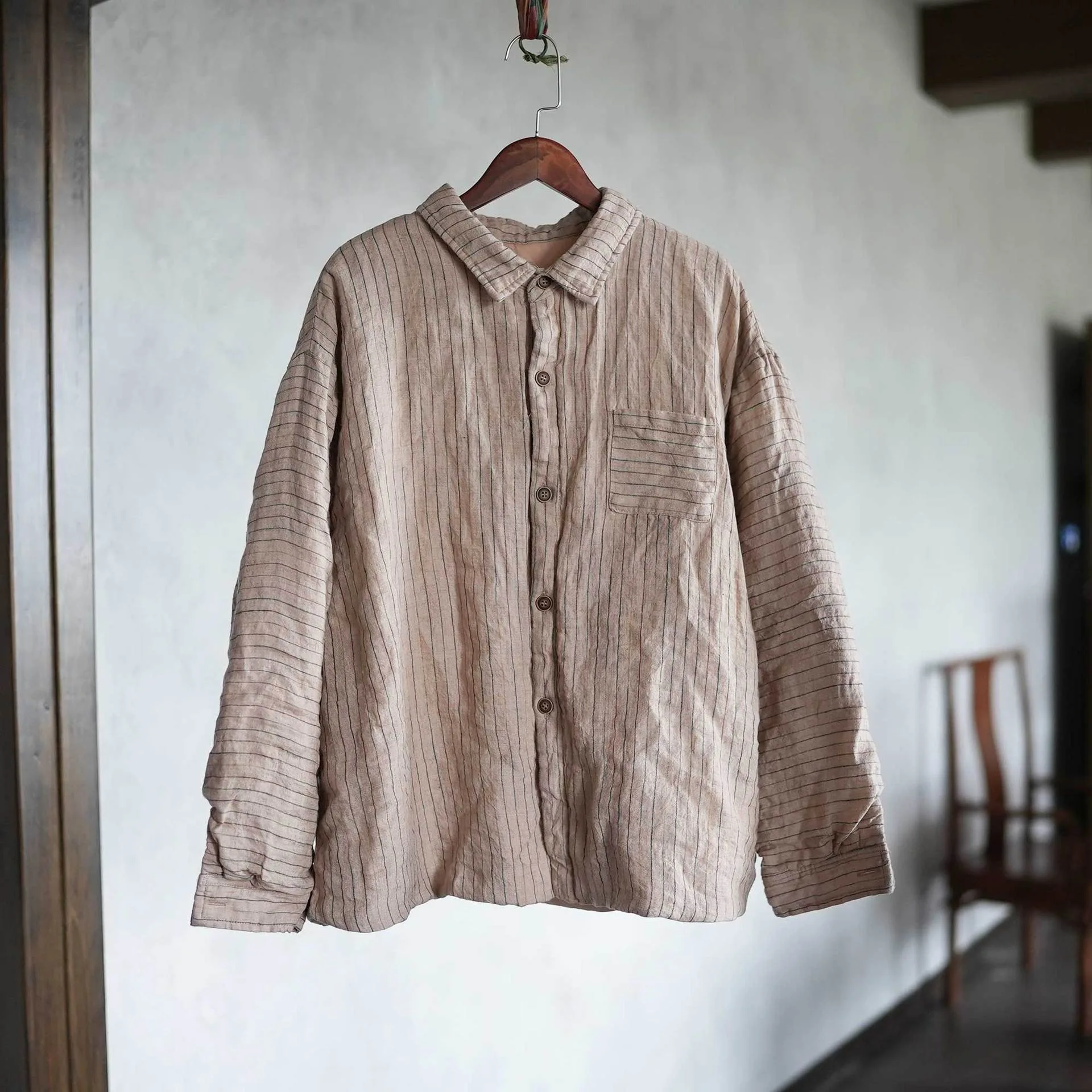 

Versatile Autumn Winter Linen Cotton irt Quali Colored Stripe Weave Artistic Sle Women's Faionable Retro Cotton Jaet