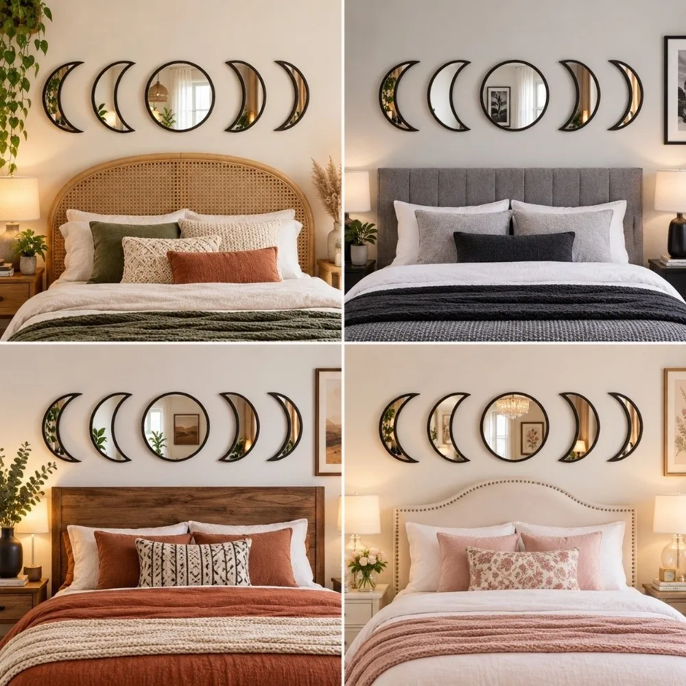 5 Pieces Set Moon Phase Mirror Wooden Frame Natural Decor Wall Decorative Mirror Scandinavian Style Acrylic Material
