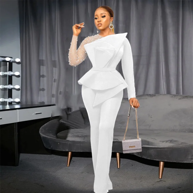 Dashiki African Jumpsuits For Women Party O-Neck Nail Bead Net Yarn Through Long Sleeve Wide Leg Rompers White Outfits Dress