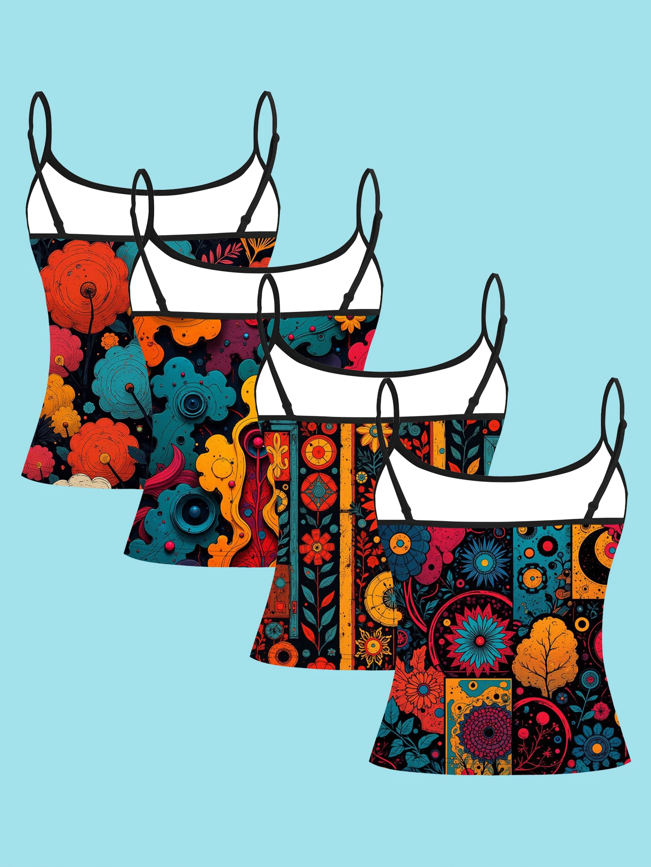 4-Piece Set of Vintage Ethnic Floral Illustration Printed Camisole Tops for Women, Color-Blocking Bohemian Plant Art Slim-Fit Spaghetti Strap Tops