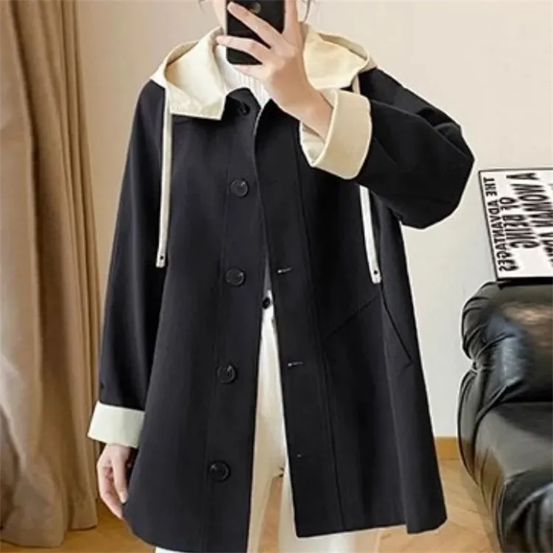 

Long Windbreaker Coat Women's 2026 Spring Autumn New Jacket Plus Size Slim Female Outwear Korean Hooded Contrast Color Overwear