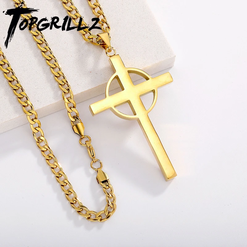 

TOPGRILLZ Punk 49mm*80mm Cross Pendant Necklace Women Men Gothic Stainless Steel Long Link Chain Hip Hop Streetwear Jewelry Gift