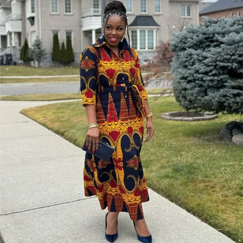 

African Dresses For Women 2024 New Arrival Spring And Summer Retro Sexy Printed Long Dress Single Breasted Cardigan Ankara Robes