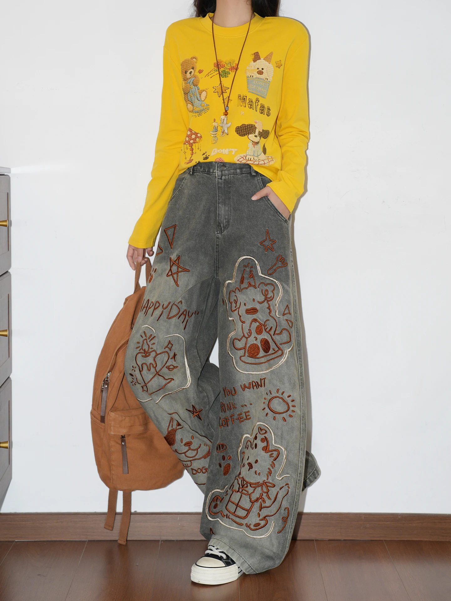 Washed Denim Wide Leg Pants Women's Loose Fit Cartoon Dog Embroidery Retro Style Casual Trousers Autumn Season Fashion